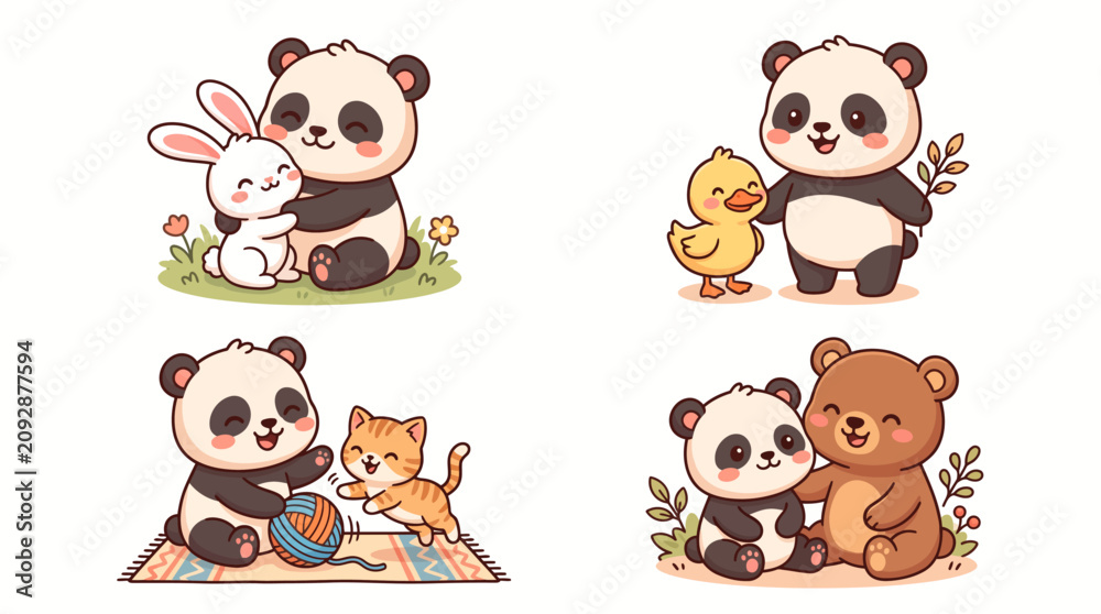 Obraz premium Cute Panda Friends Set with Bunny Duck Cat and Bear.