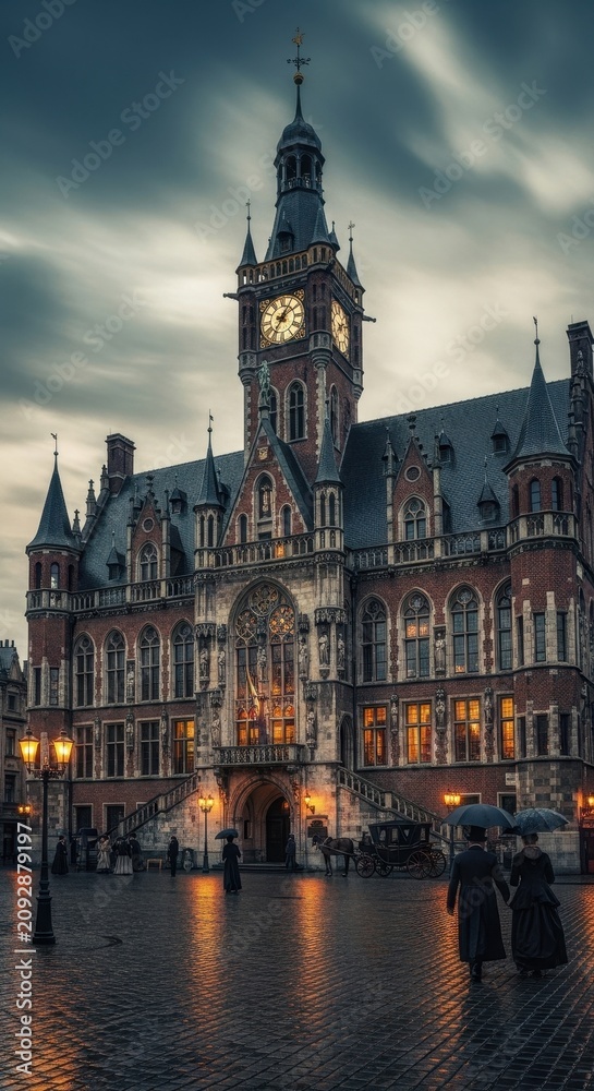 Fototapeta premium Historic Gothic Town Hall Illuminated at Dusk in City Square.