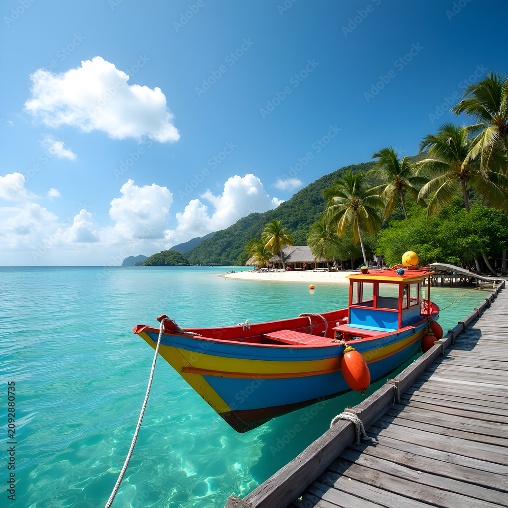 Obraz premium Colorful fishing boat docked beside wooden pier on tropical island