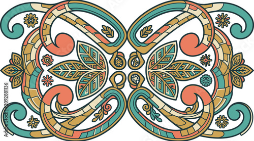 Illustrazione vettoriale di un ornamento decorativo simmetrico con motivi floreali stilizzati, foglie e volute eleganti in stile art nouveau su sfondo bianco isolato.