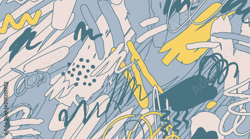 Sfondo astratto moderno con motivi disegnati a mano, linee scarabocchiate, forme geometriche e macchie di colore in una tavolozza pastello di blu, giallo e rosa per design creativo.