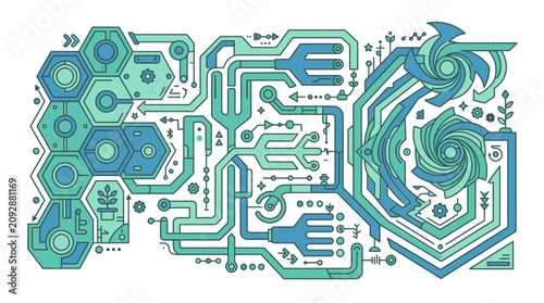 Illustrazione vettoriale astratta con motivi geometrici esagonali, circuiti elettronici stilizzati e elementi botanici in tonalità verde e blu su sfondo bianco pulito.
