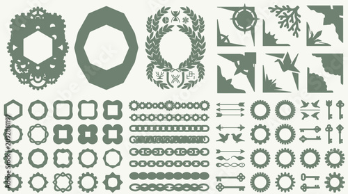 Set di elementi grafici decorativi in stile vintage, inclusi cornici, bordi, angoli ornamentali e separatori di testo in colore verde salvia su sfondo neutro per design eleganti.