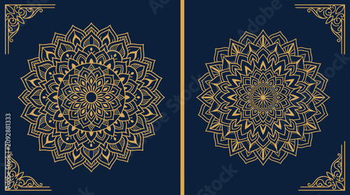 Design di sfondo elegante con due mandala dorati simmetrici e decorazioni angolari ornamentali su una superficie blu scuro, perfetto per inviti di lusso o copertine di libri.
