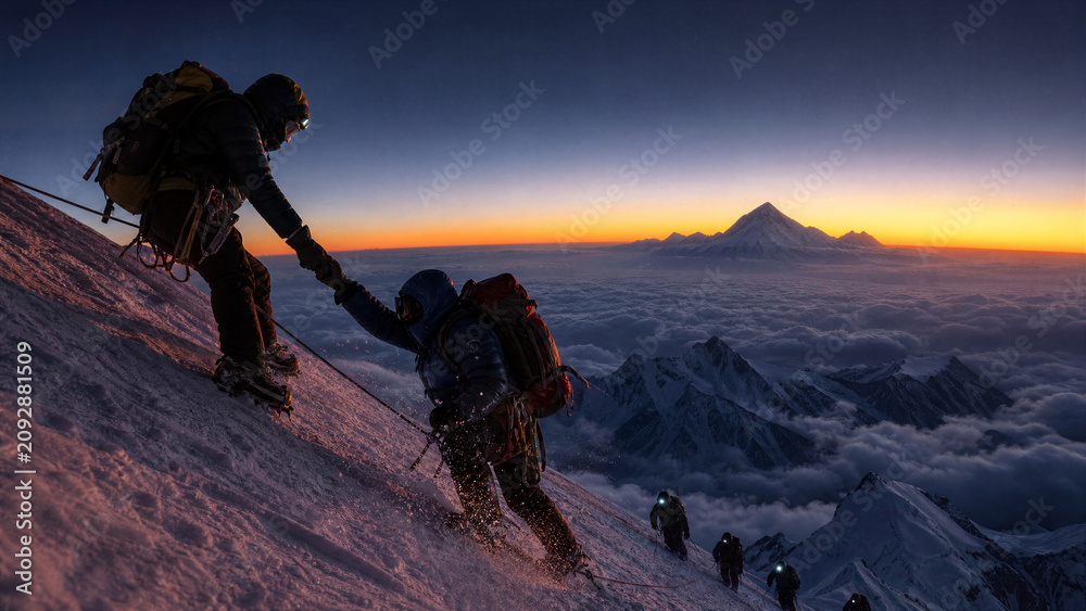 Obraz premium Summit Solidarity: Two climbers extend a helping hand to each other on a treacherous, snow-covered mountain slope as dawn breaks over a sea of clouds and distant peaks.