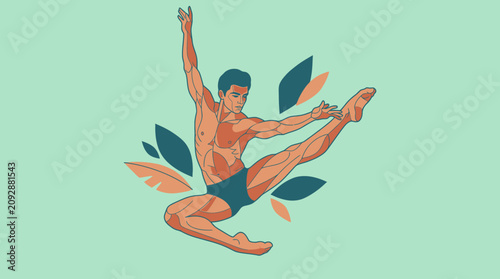 Illustrazione vettoriale di un ballerino maschio atletico che esegue un salto dinamico circondato da foglie stilizzate su uno sfondo color pastello per un design artistico moderno.