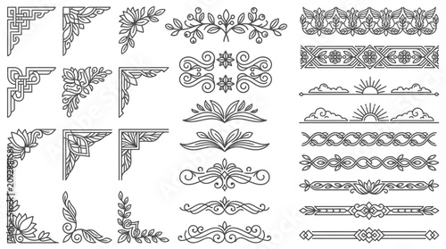 Set di elementi decorativi vintage con angoli ornamentali, bordi e divisori floreali in stile calligrafico nero su sfondo bianco per design eleganti e inviti.