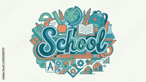 Illustrazione colorata di elementi scolastici e accademici disposti in modo creativo attorno alla parola 