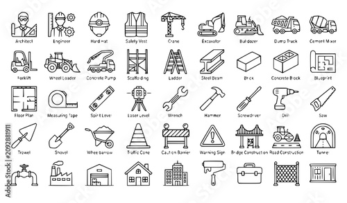 Quadro em tela Modern Construction Line Icons Set Editable Stroke Building Tools Engineering Eq