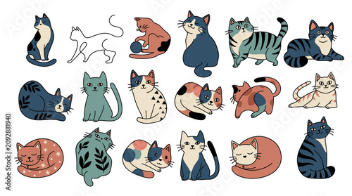 Zestaw uroczych ilustracji kotów w różnych pozach i kolorach, ręcznie rysowane postacie zwierząt domowych w stylu doodle na białym tle, idealne do projektów graficznych i naklejek.