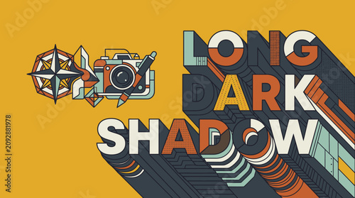 Graficzna ilustracja z napisem Long Dark Shadow w stylu retro z ikonami aparatu fotograficznego i kompasu na żółtym tle, idealna do projektów typograficznych i plakatów.