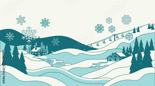 Ilustracja wektorowa zimowego krajobrazu górskiego z padającym śniegiem, wyciągiem narciarskim, domkami w lesie iglastym oraz płatkami śniegu w stylu płaskiego designu