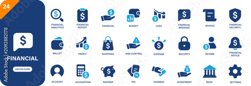 Financial icon. Containing budget, accounting, income, financial message, payment. Solid vector icon set.