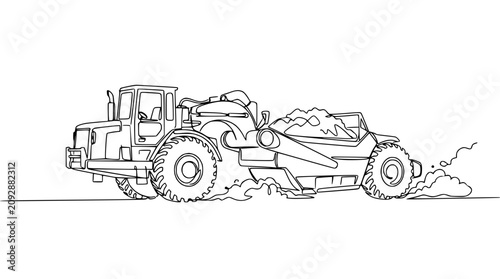 Foto Earthmover Scraper Machine Digging and Moving Soil - Line Art Illustration
