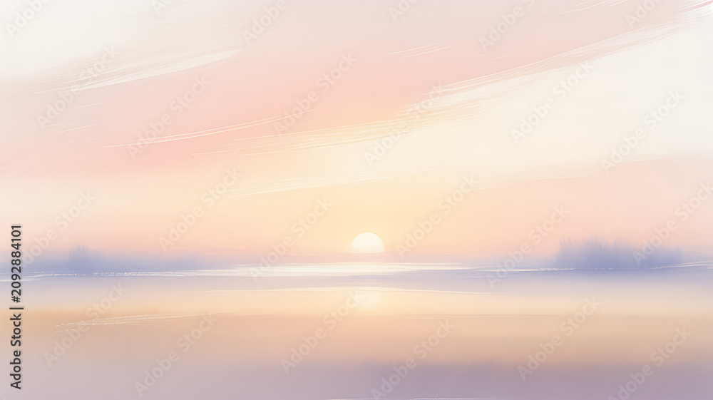 Fototapeta premium A pastel watercolor painting depicting a sunlit horizon over water with blurred landforms abstract aesthetic art atmosphere blur calm