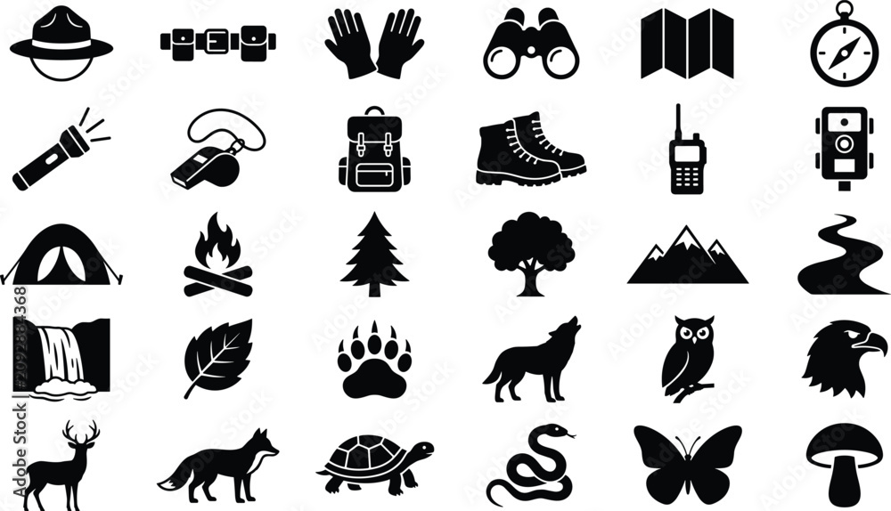 Fototapeta premium Wilderness and camping icon collection for adventure and nature activities