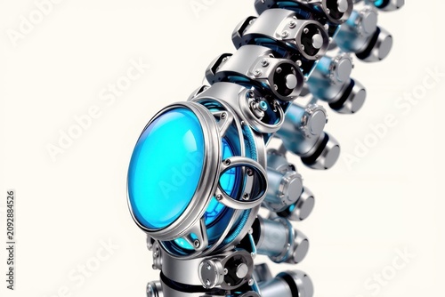 Close-up of advanced robotic wrist accessory with luminous blue centerpiece