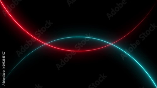 Abstract glowing red and blue light circles crossing each other creating a dynamic neon effect on a dark background