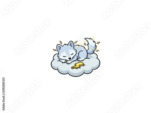 Fotografie Cute Raiju Wolf Like Beast Dozing On A Cloud With Electric Lightning Details In