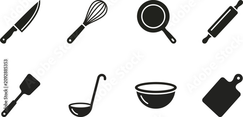 фотографія Kitchen Utensils Collection Black Silhouette Icons On A White Background For Cul