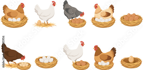 Cuadro en lienzo Poultry Farming and Chicken Breeding Vector Icon Set Featuring Hens Brooding in