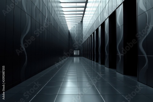 Empty server room with reflective floor and patterned walls