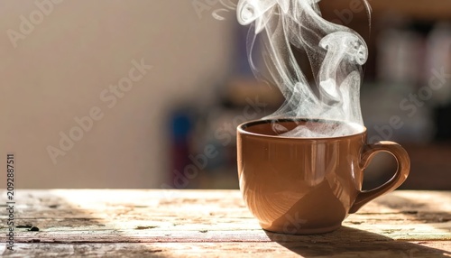 Steaming hot coffee cup on table.