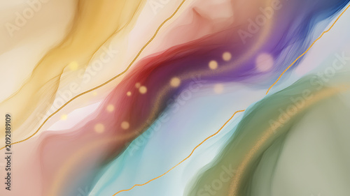 Abstract watercolor pattern with flowing shapes and golden line accents creates a vibrant background fluid swirls marbling texture pigment