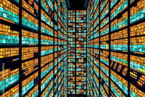 Digital data tunnel with vibrant orange and cyan lighting