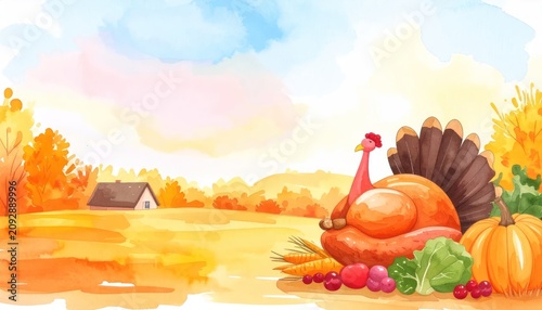 Thanksgiving Turkey Farm Autumn Harvest Scene.