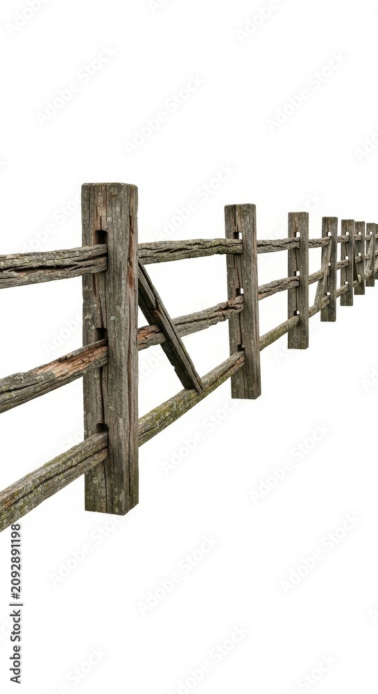 Obraz premium Rustic wooden split rail fence in rural landscape.