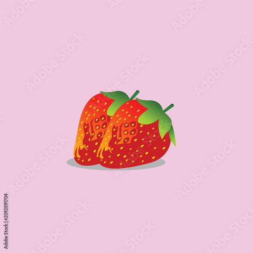 Cute flat vector illustration of two ripe red strawberries with green leaves and yellow seeds on a soft pastel pink background. Minimalist fruit design with vibrant colors and clean shapes. Perfect fo