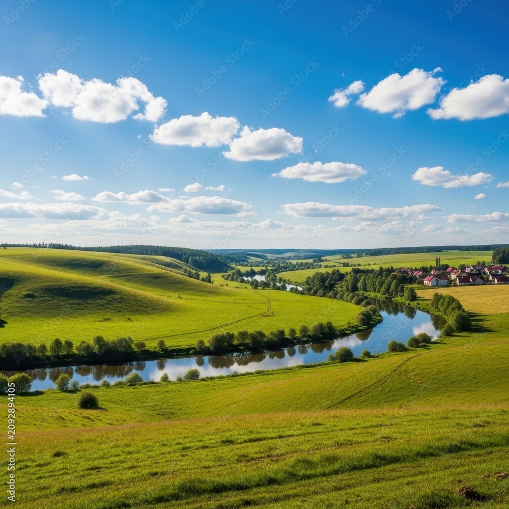 Obraz premium Rolling Green Hills and River Valley Under Blue Sky.
