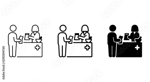 Fotografie Pharmacy Counter Icons, Pharmacist and Customer Interaction, Medical Service Vec