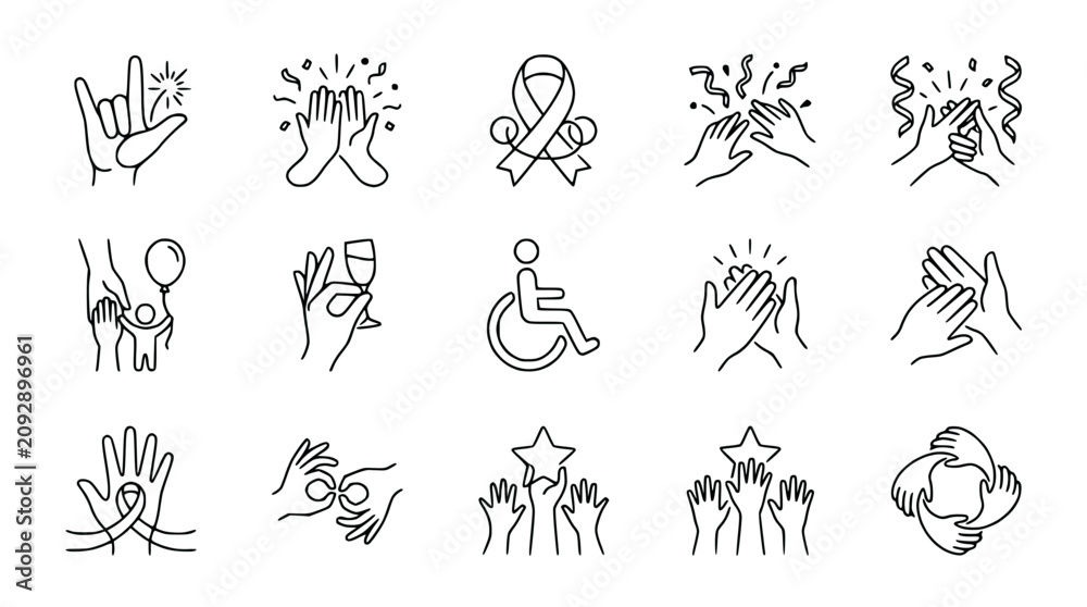 Fototapeta premium Set of Icons: Hands Gestures, Celebration, Support, Unity, Achievement