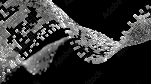 Abstract Digital Pixels Wave in Black and White Artwork for Technology Theme
