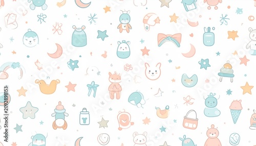 Whimsical pastel baby nursery pattern background.