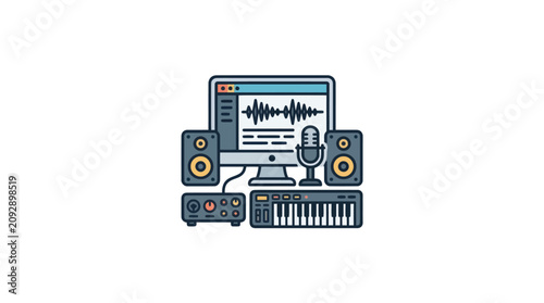 Fotografie Computer and audio equipment setup.