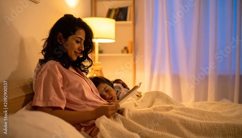 Woman relaxing in bed with tablet.