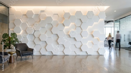 Modern office interior with honeycomb wall.