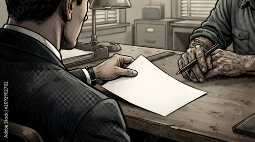 Businessman in Suit Handing Document to Another Person at Desk in Office Setting