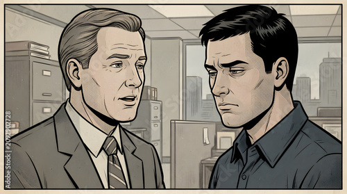 Two men in an office setting, one in a suit and tie, the other in a casual shirt, appear to be in a serious conversation, possibly discussing work or a sensitive matter