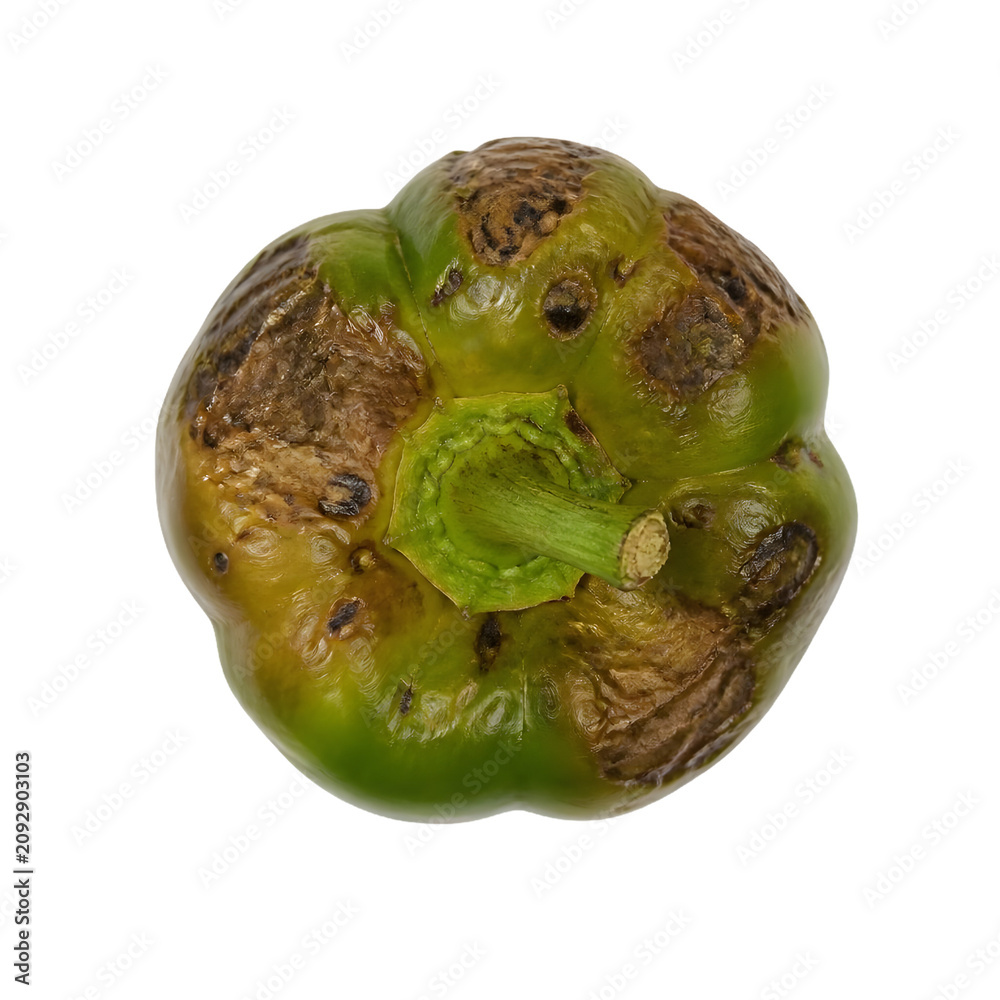 Obraz premium Top Down View of an Organic Green Bell Pepper Showing Signs of Natural Decay and Brown Blemishes Isolated on White Background