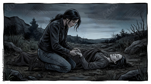A grieving woman kneels in a desolate landscape holding the hand of a fallen companion in a somber and moody cinematic illustration