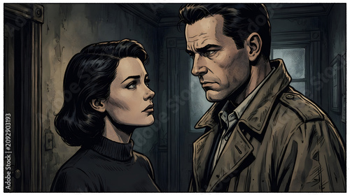 Dramatic Noir Cinematic Encounter Between a Mysterious Woman and a Serious Detective in a Dimly Lit Interior Setting