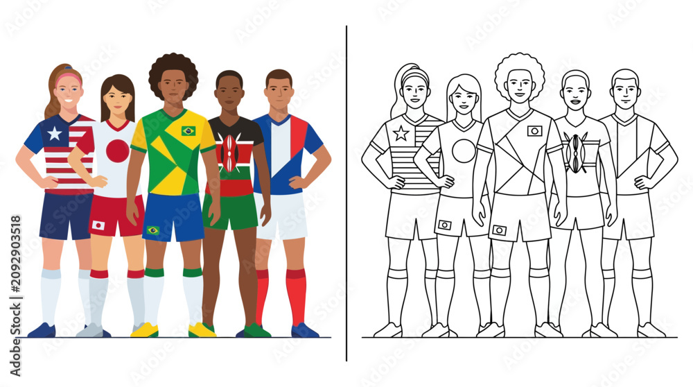 Obraz premium Diverse sports team with national flags, colorful and outline versions