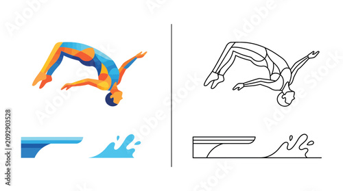 Tableau sur toile Diver jumping from springboard, colorful abstract art and outline illustration
