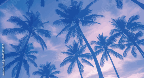 Billede på lærred Tropical palm trees, blue silhouettes, cloudy sky, summer vacation background