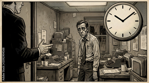 Depressed exhausted employee working late overtime under boss supervision in messy office vintage illustration