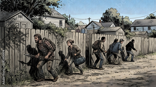 A group of armed survivors stealthily walking past wooden fences in a post-apocalyptic neighborhood